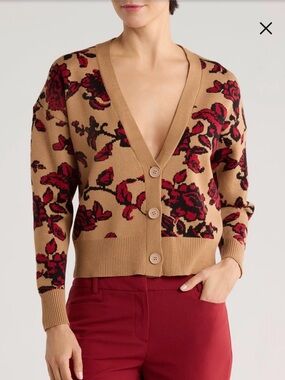 T Tahari V-Neck Crop Cardigan in Camel and Red Floral